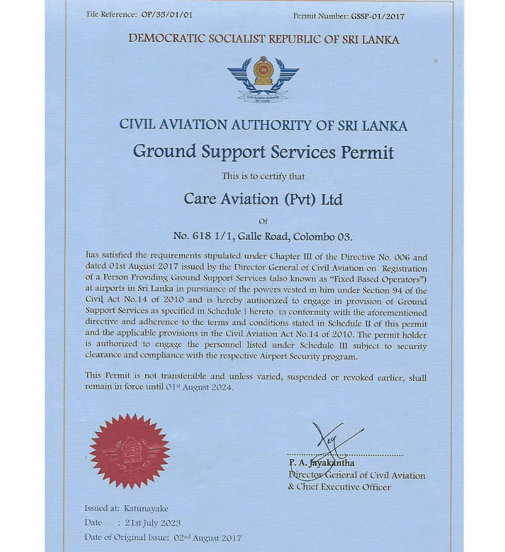 Care Aviation Aircraft Ground Support sri lankan airlines permit